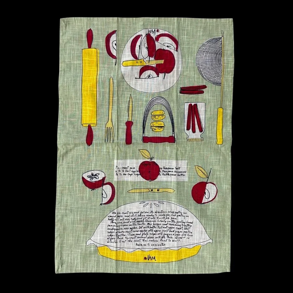 Crate and Barrel Vera Neumann Apple Pie Recipe Dish Hand Towel Green Retro